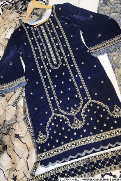 SG1470 7 N.BLU Pakistani women's velvet formal outfit back view