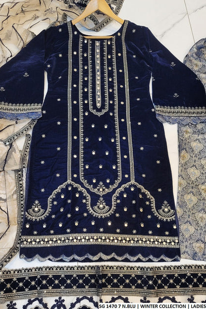 SG1470 7 N.BLU Pakistani women's velvet outfit detail view