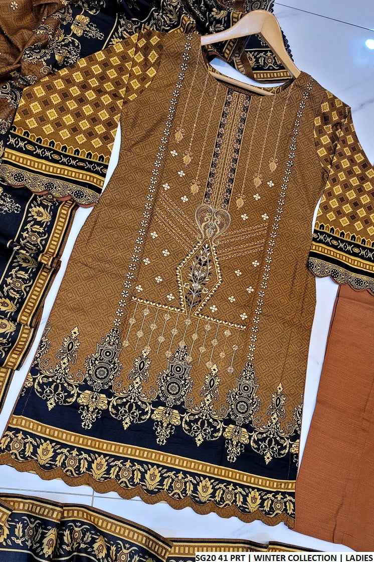 SG20 41 Sulb Khaddar women's winter suit with digital khaddar shawl full view