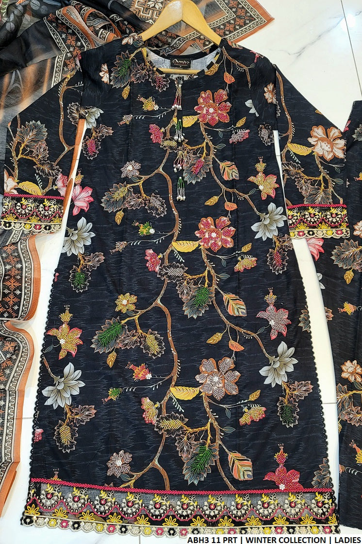 Winter cotton straight shirt ABH3 11 - Pakistani women's warm winter suit with digital printed dupatta front view