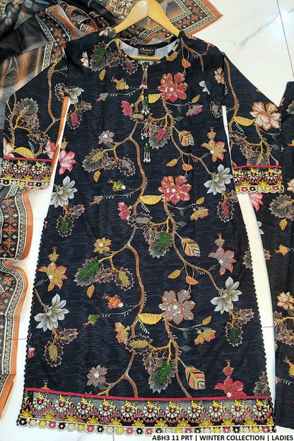 Winter cotton straight shirt ABH3 11 - Pakistani women's warm winter suit with digital printed dupatta front view