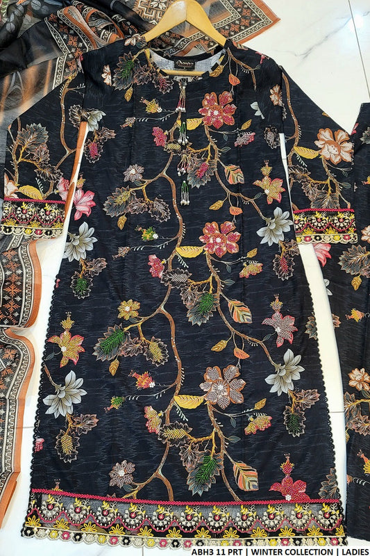 Winter cotton straight shirt ABH3 11 - Pakistani women's warm winter suit with digital printed dupatta front view