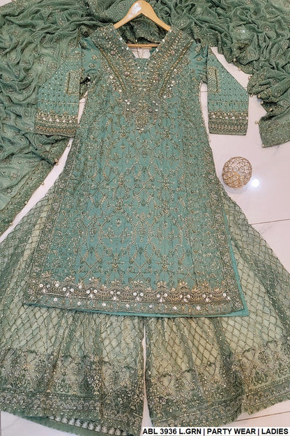 ABL 3936 grip fabric Pakistani women's A-Line outfit with net plazo side view