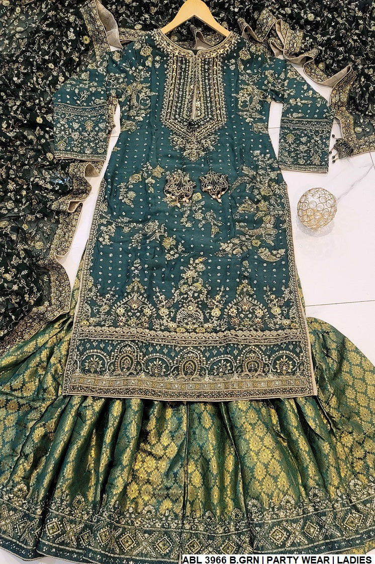 ABL 3966 Pakistani women's chiffon outfit with chiffon dupatta back view