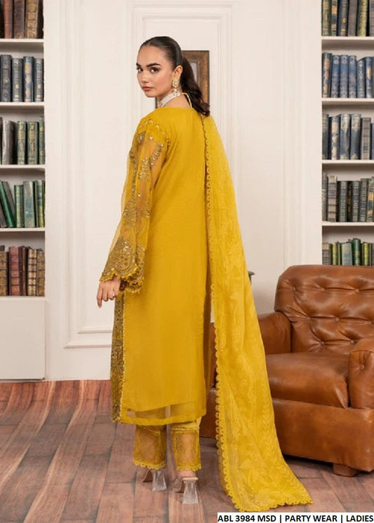 ABL 3984 organza Pakistani women's A-Line outfit with masuri net dupatta side view