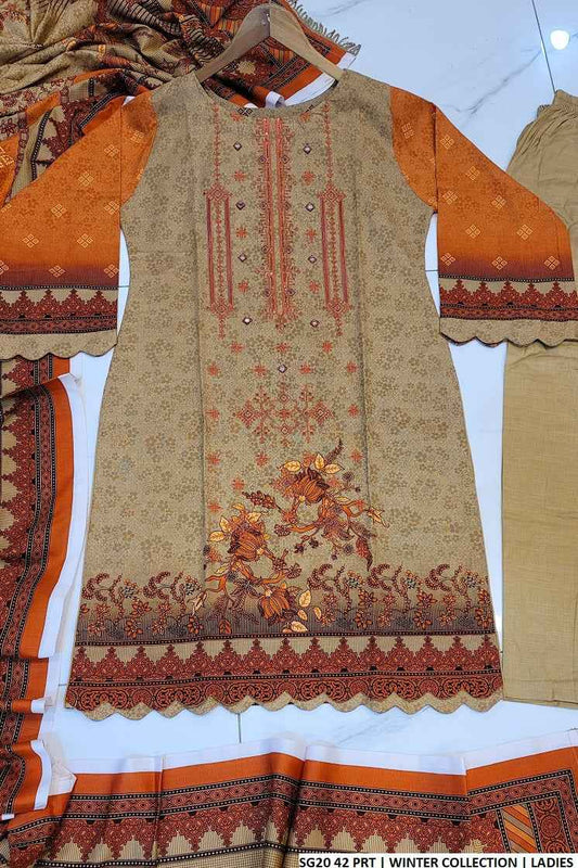 Sulb Khaddar straight shirt SG20 42 - Pakistani women's winter suit with digital shawl side view