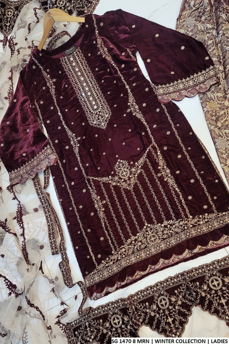 SG1470 8 Pakistani women's velvet straight shirt with jamawar trouser back view