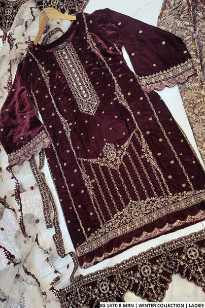 SG1470 8 Pakistani women's velvet straight shirt with jamawar trouser back view