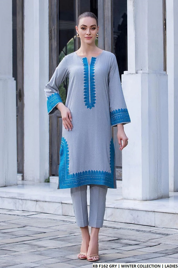 KB F162 Pakistani women's khaddar straight shirt outfit back view