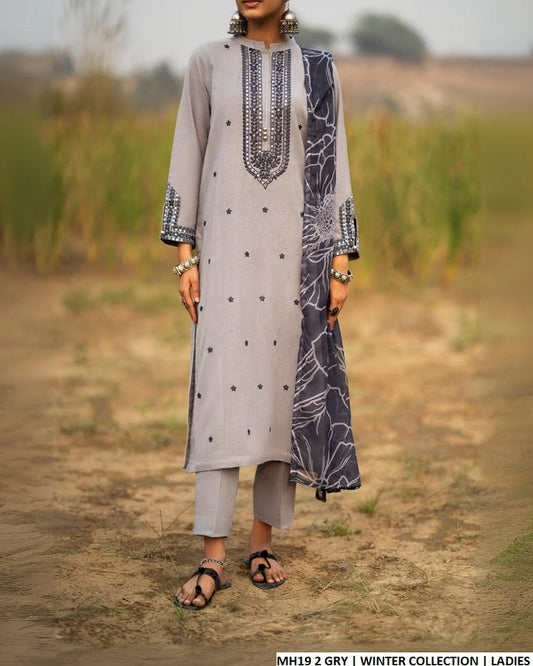 Sulb Khaddar straight shirt MH19 2 - Pakistani women's winter 3-piece suit with digital dupatta front view