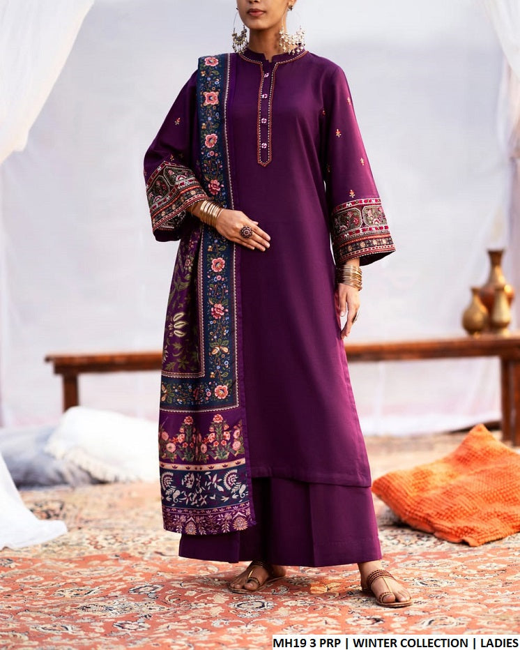 Sulb Khaddar straight shirt plazo MH19 3 - Pakistani women's winter 3-piece suit with digital dupatta front view