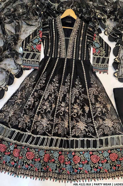 Net Long Frock ABL 4121 BLK - Pakistani women's party wear with organza dupatta detail view