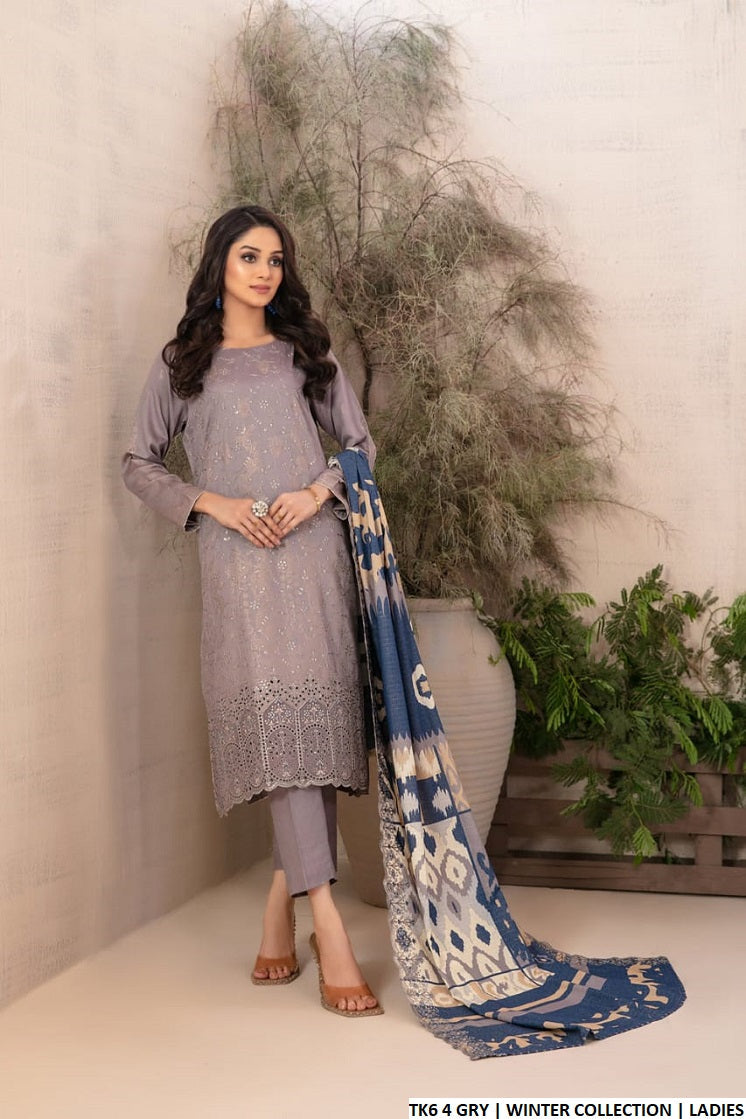 TK6 4 Pakistani women's karandi A-Line winter 3-piece suit back view