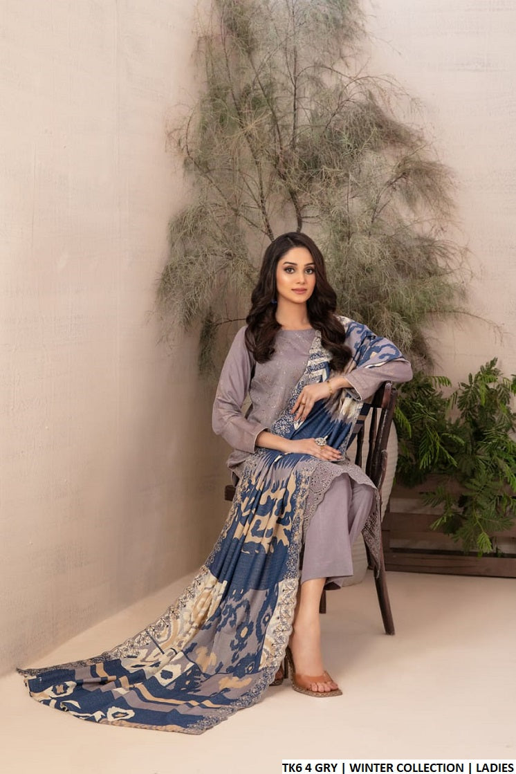 Karandi A-Line shirt TK6 4 - Pakistani women's winter 3-piece suit with karandi dupatta front view