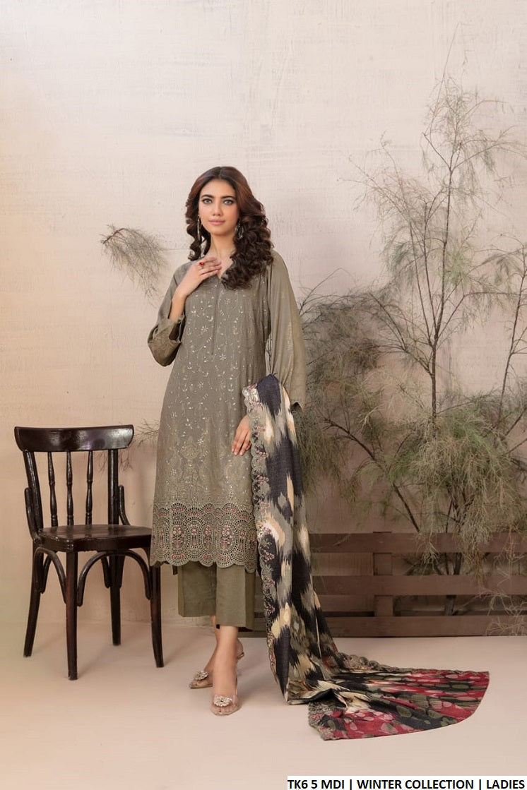 Karandi A-Line shirt TK6 5 - Pakistani women's winter 3-piece suit front view