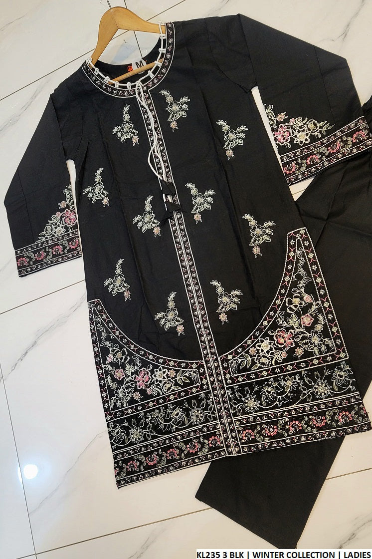 KL235 3 Pakistani women's winter cotton straight shirt with dupatta detail view