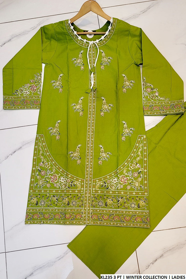 Winter cotton straight shirt plazo KL235 3 - Pakistani women's warm winter outfit front view
