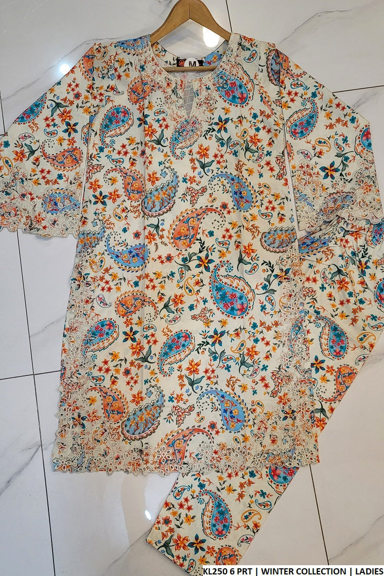 Winter cotton straight shirt KL250 6 - Pakistani women's cozy winter outfit with dupatta front view