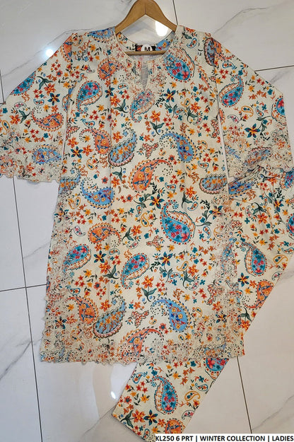Winter cotton straight shirt KL250 6 - Pakistani women's cozy winter outfit with dupatta front view