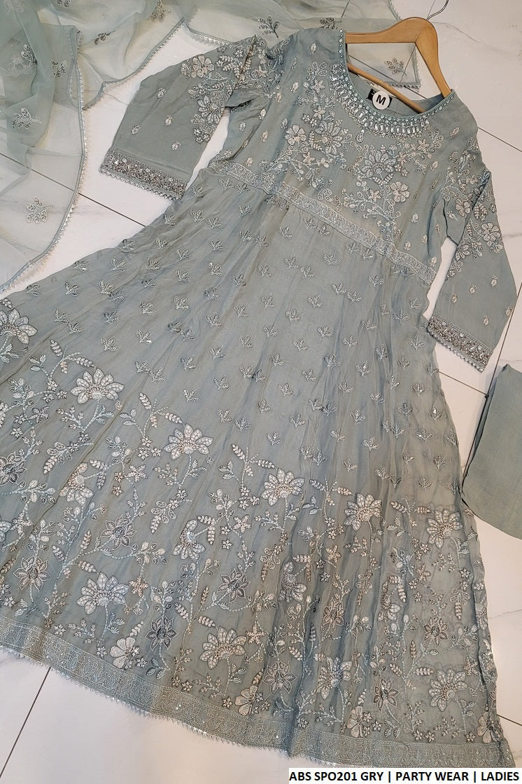 ABS SPO201 chiffon Pakistani women's long frock with grip trouser back view