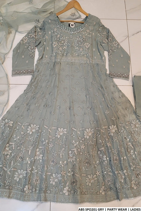 Chiffon long frock ABS SPO201 - Pakistani women's formal party wear with organza dupatta front view