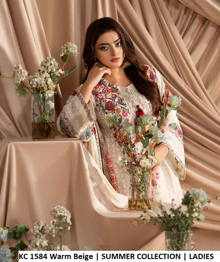 KC Ayra 1584 Warm Beige - Warm Beige Khaadi Silk Embroidered 3-Piece Women's Pakistani Suit