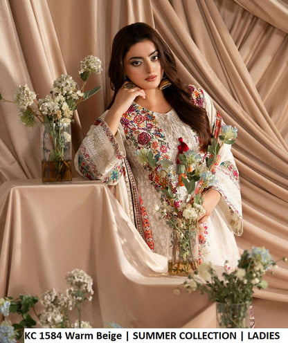 KC Ayra 1584 Warm Beige - Warm Beige Khaadi Silk Embroidered 3-Piece Women's Pakistani Suit