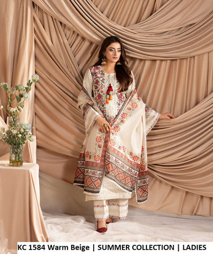 KC Ayra 1584 Warm Beige - Warm Beige Khaadi Silk Embroidered 3-Piece Women's Pakistani Suit