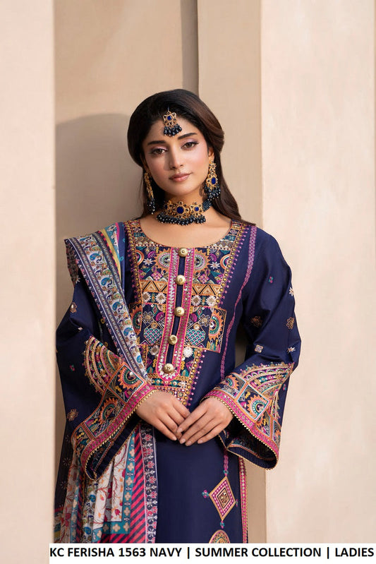 Navy blue cotton Pakistani women's short shirt with farshi shalwar side view