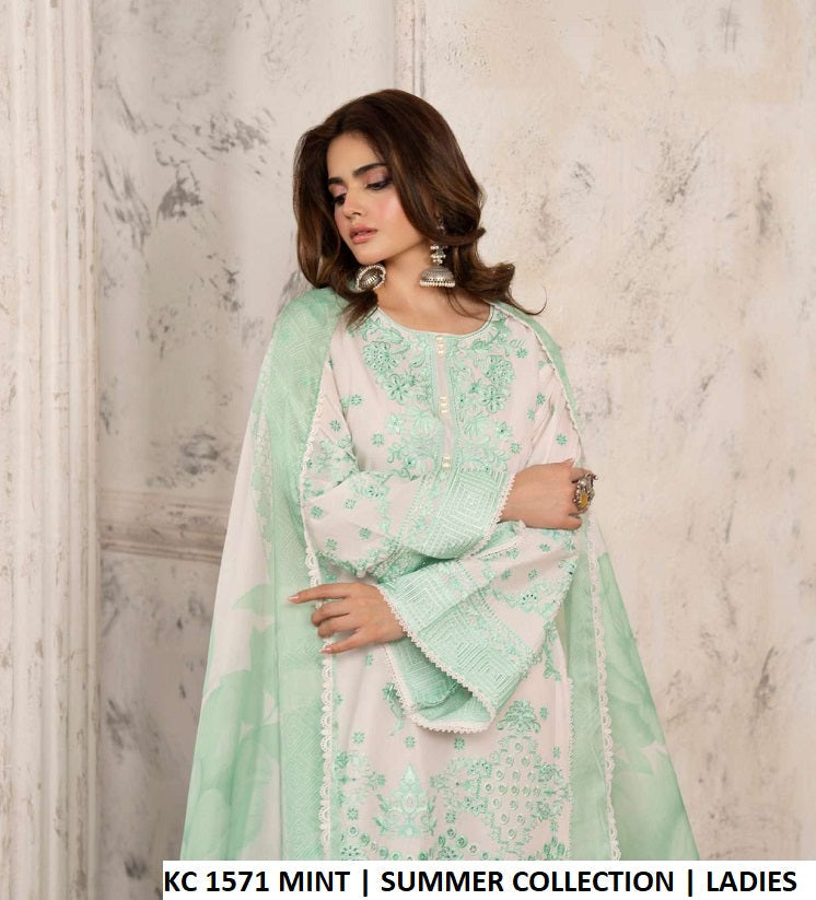KC TABEER 1571 MINT Pakistani women's cotton chikankari outfit back view