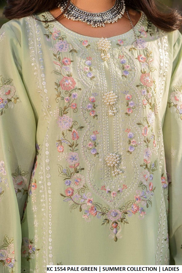 Pakistani women's pale green cotton short shirt farshi shalwar detail view