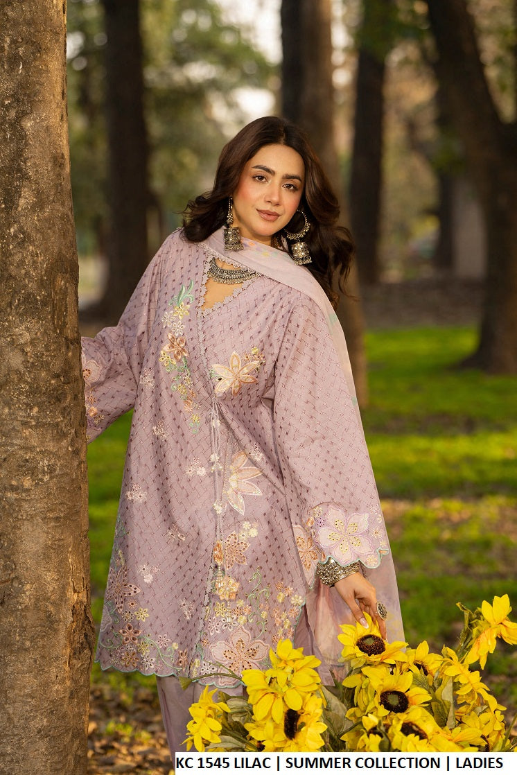 Pakistani women's lilac cotton chikankari angrakha short shirt detail view