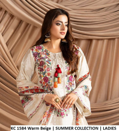 KC Ayra 1584 Warm Beige - Warm Beige Khaadi Silk Embroidered 3-Piece Women's Pakistani Suit