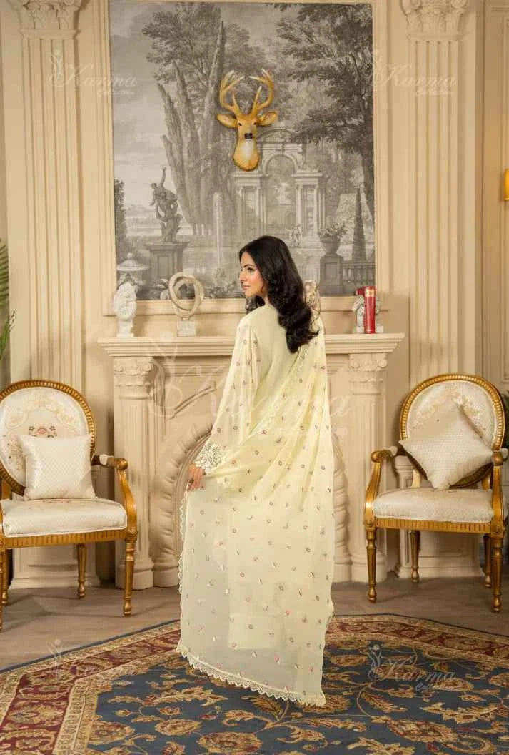 Pakistani women's lemon yellow silk short shirt farshi shalwar detail view