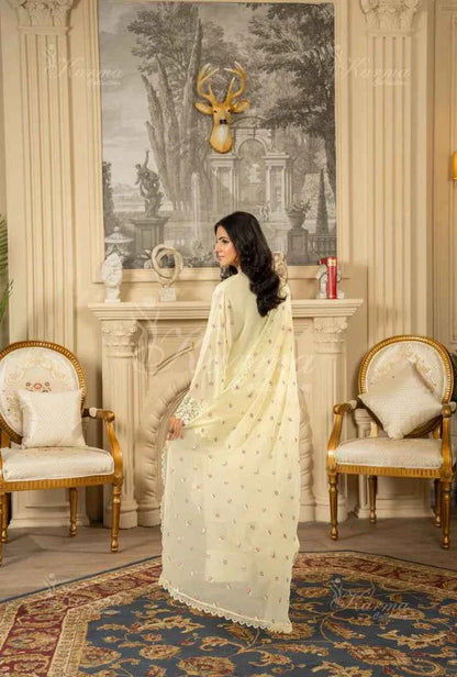 Pakistani women's lemon yellow silk short shirt farshi shalwar detail view