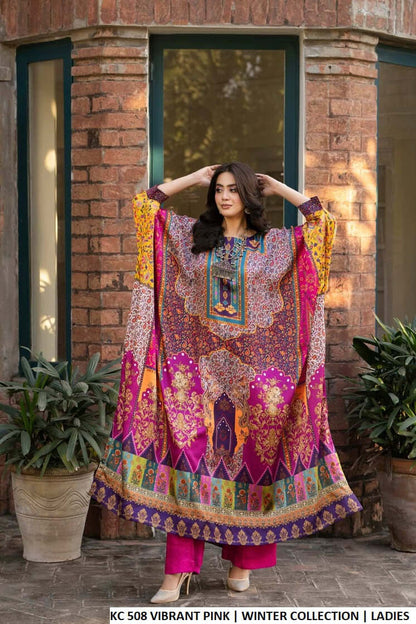 Pakistani women's vibrant pink silk long kaftan plazo back view
