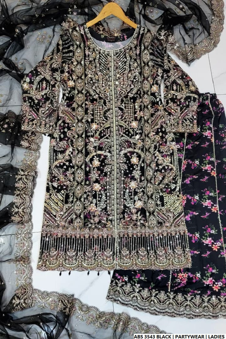 Pakistani women's black organza straight shirt full view