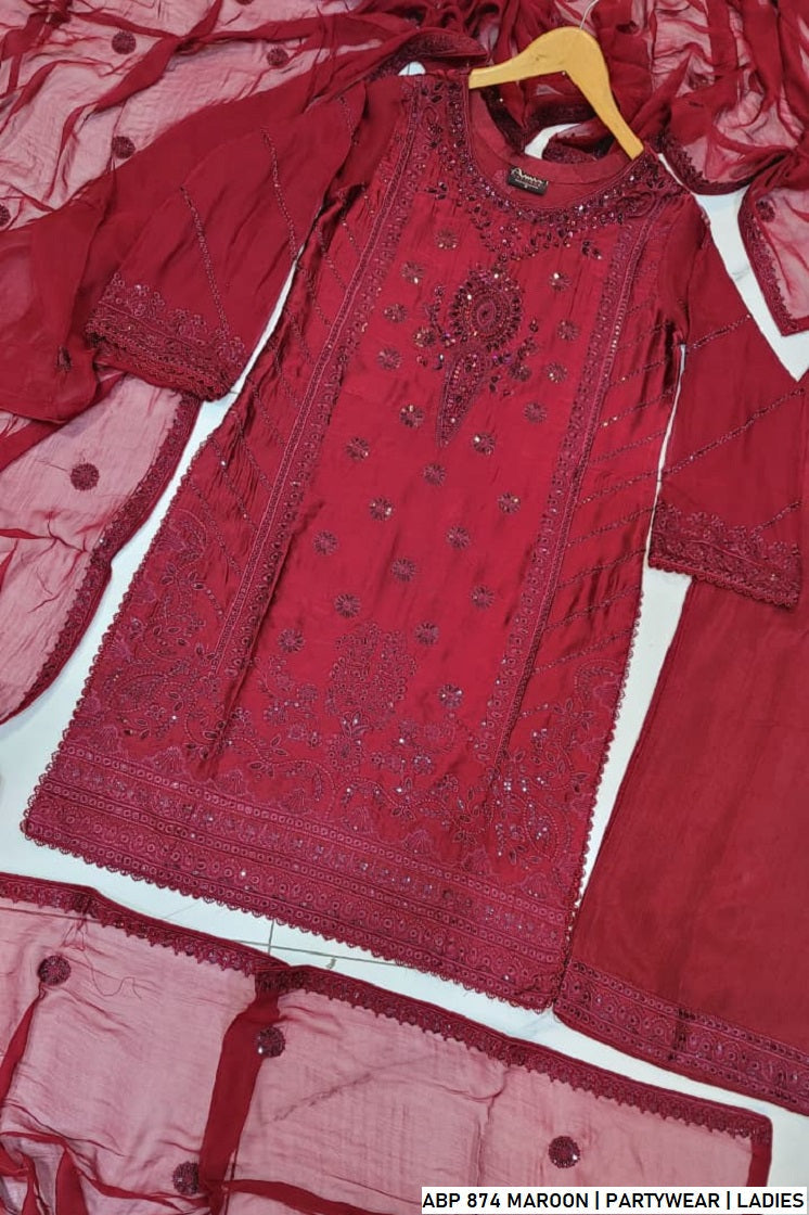 Pakistani women's maroon silk straight shirt detail view