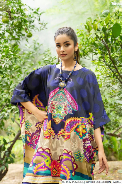 Pakistani women's peacock blue silk 2-piece formal suit detail view