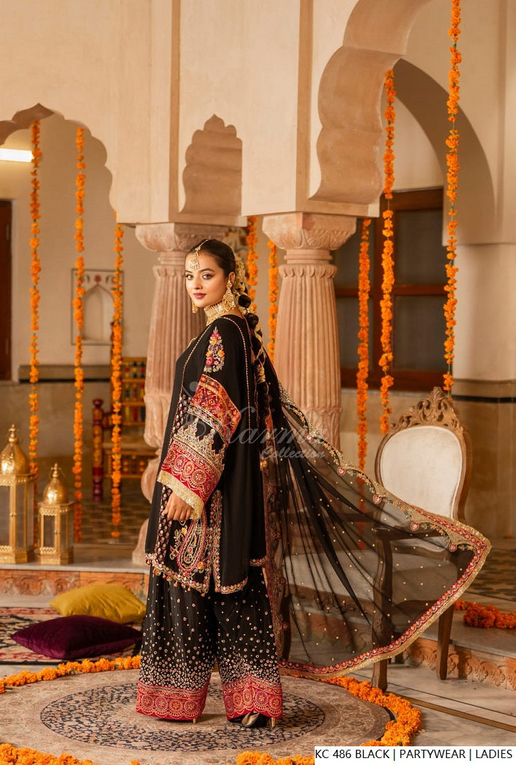 Pakistani women's black silk long kaftan plazo detail view