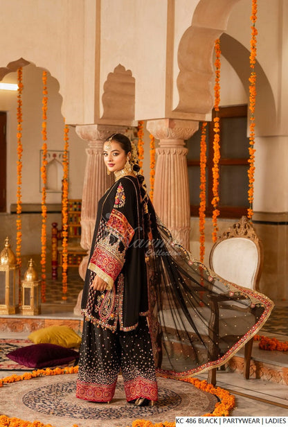 Pakistani women's black silk long kaftan plazo detail view
