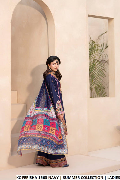 Pakistani women's navy blue cotton short shirt farshi shalwar detail view