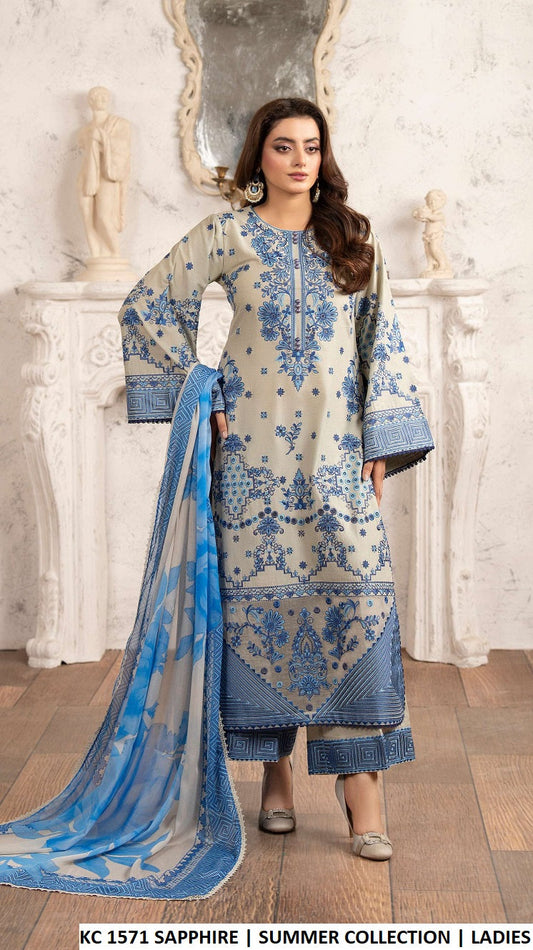 Cotton chikankari long shirt KC TABEER 1571 SAPPHIRE - Pakistani women's casual embroidered outfit with printed dupatta front view