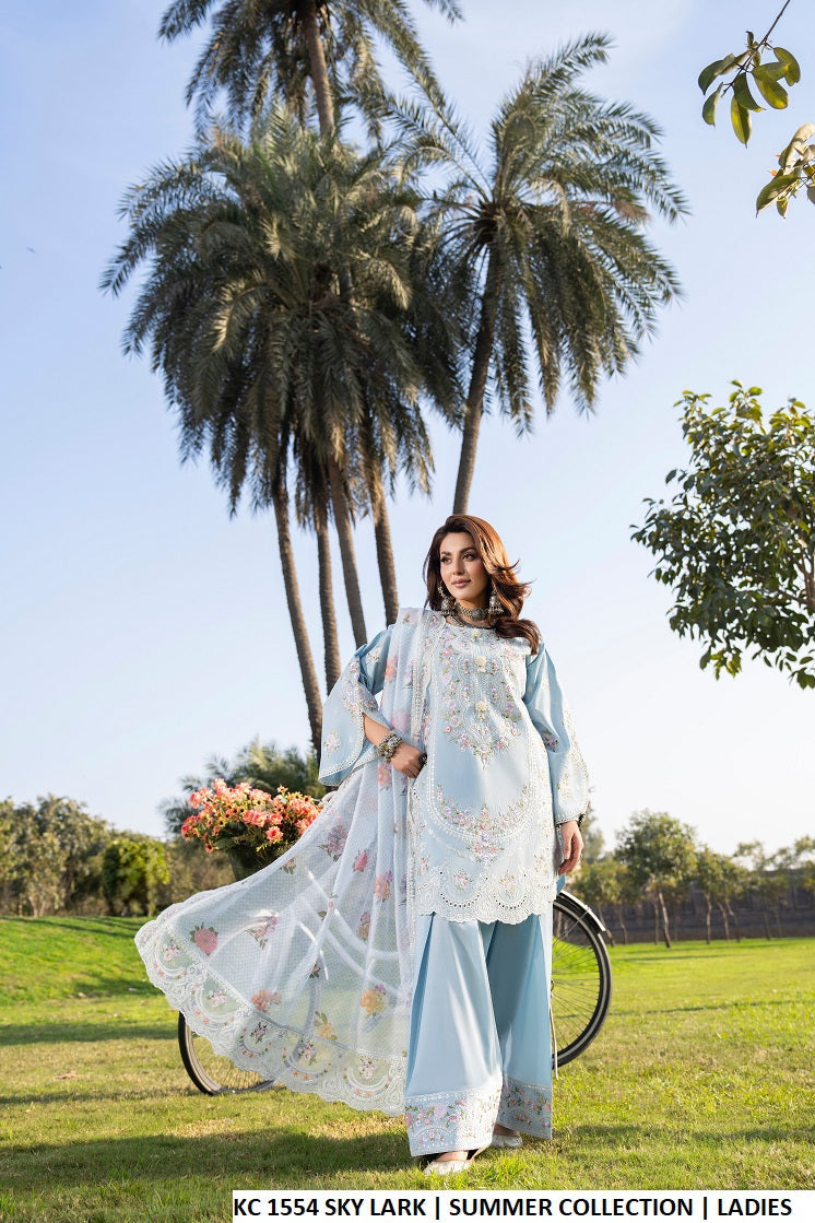 Cotton short shirt farshi shalwar sky lark blue - Pakistani women's traditional casual outfit with digital print dupatta front view