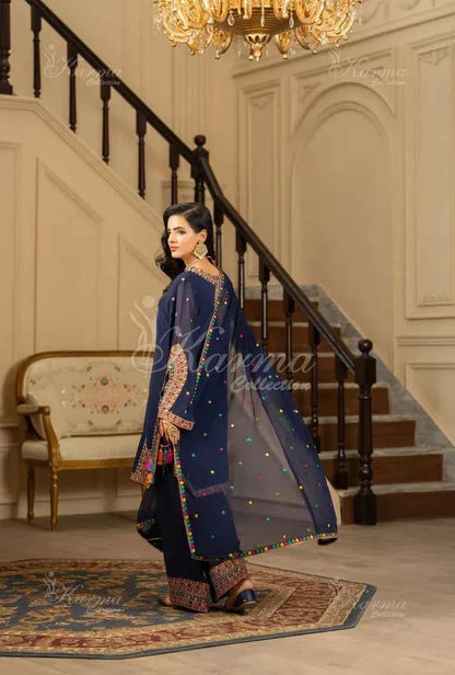 Pakistani women's navy blue silk short shirt farshi shalwar detail view