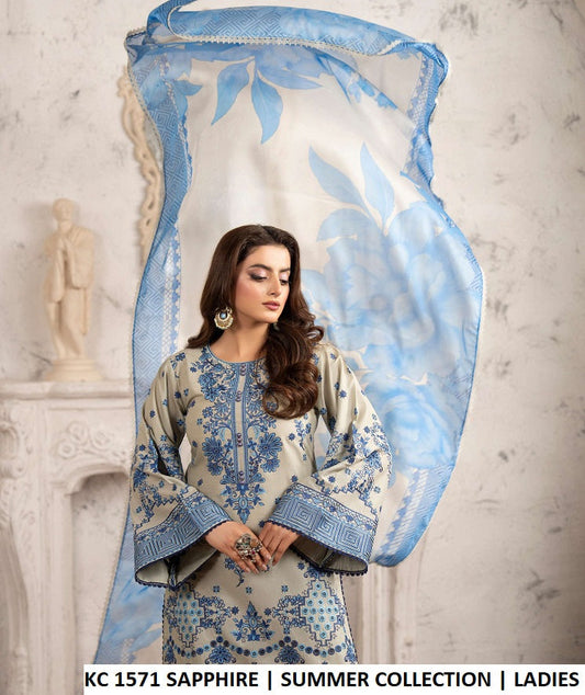 KC TABEER 1571 SAPPHIRE cotton chikankari Pakistani women's long shirt side view