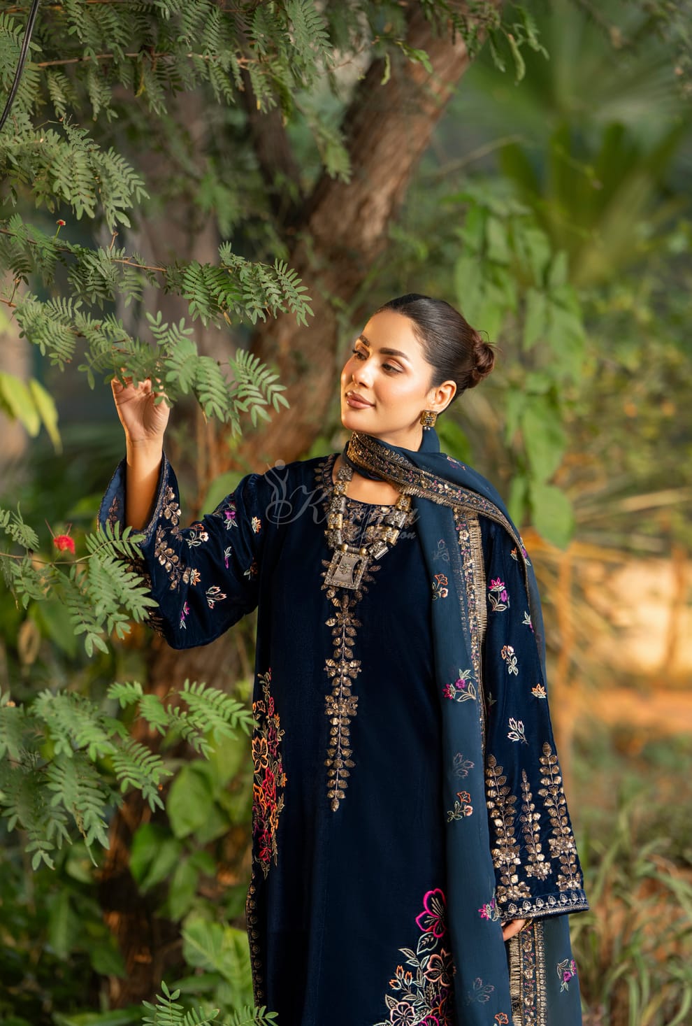 Pakistani women's zinc grey velvet long kaftan plazo back view