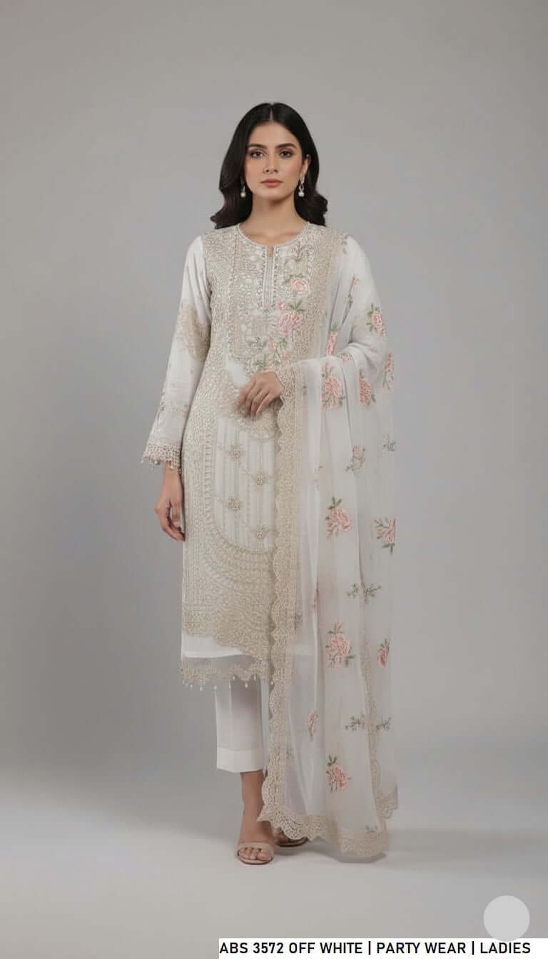 Chiffon straight shirt off white - Pakistani women's elegant formal wear with viscose trouser and chiffon dupatta front view
