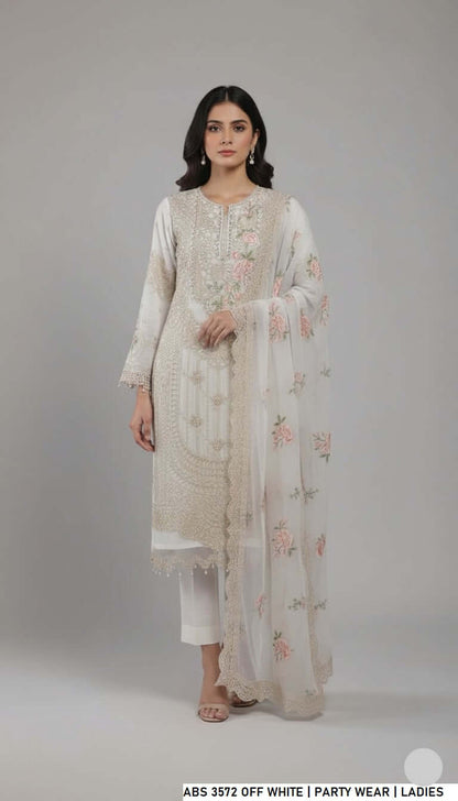 Chiffon straight shirt off white - Pakistani women's elegant formal wear with viscose trouser and chiffon dupatta front view
