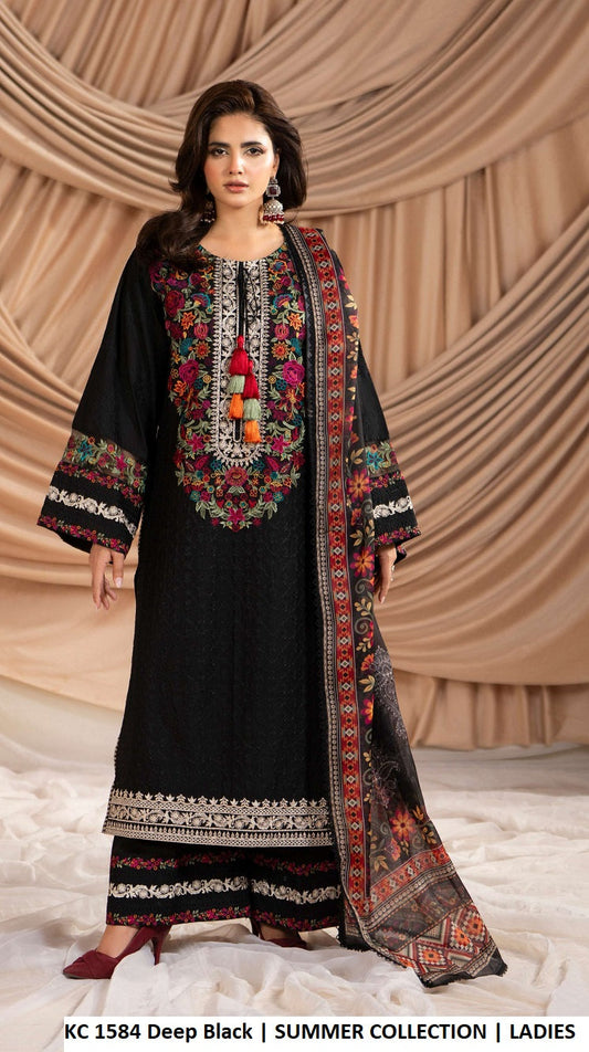 KC Ayra 1584 DEEP BLACK - Deep Black Khaadi Silk Embroidered 3-Piece Women's Pakistani Suit